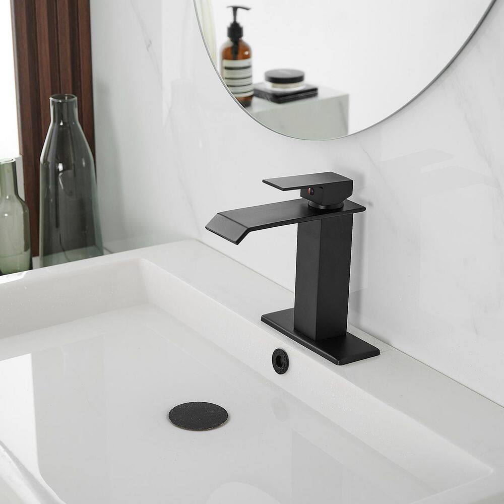 BWE Waterfall Single Hole Single-Handle Low-Arc Bathroom Faucet With Pop-up Drain Assembly in Matte Black A-96004-Black