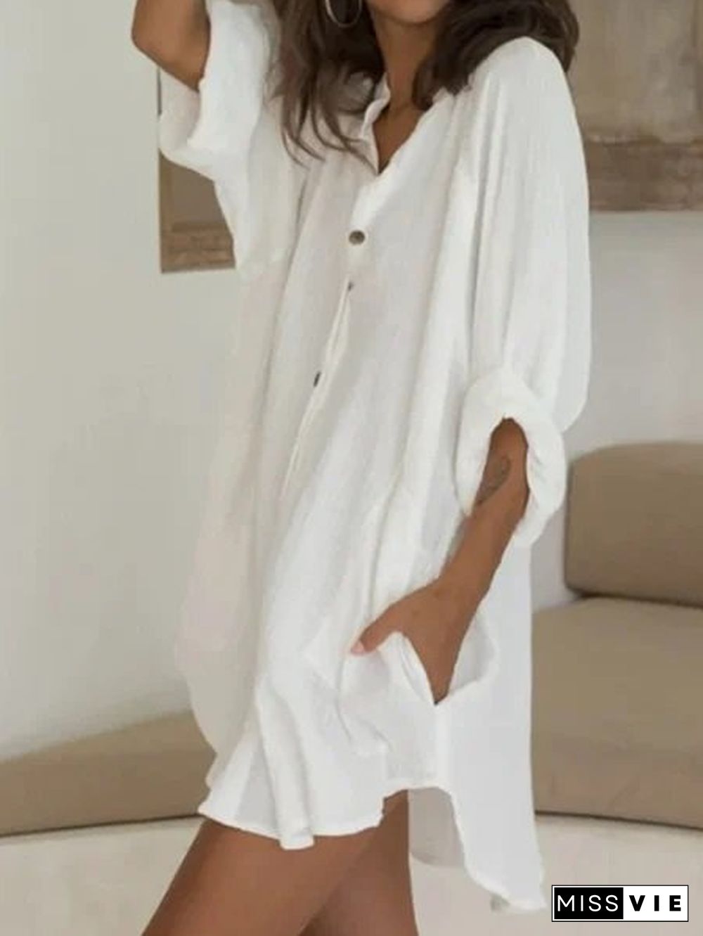 Women Casual Half Sleeve Linen Plain Mini Dresses