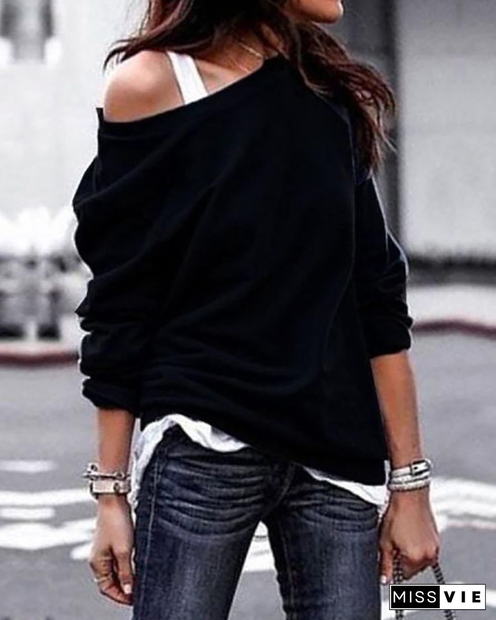 Solid Skew Neck Long Sleeve Casual T-Shirt P15279