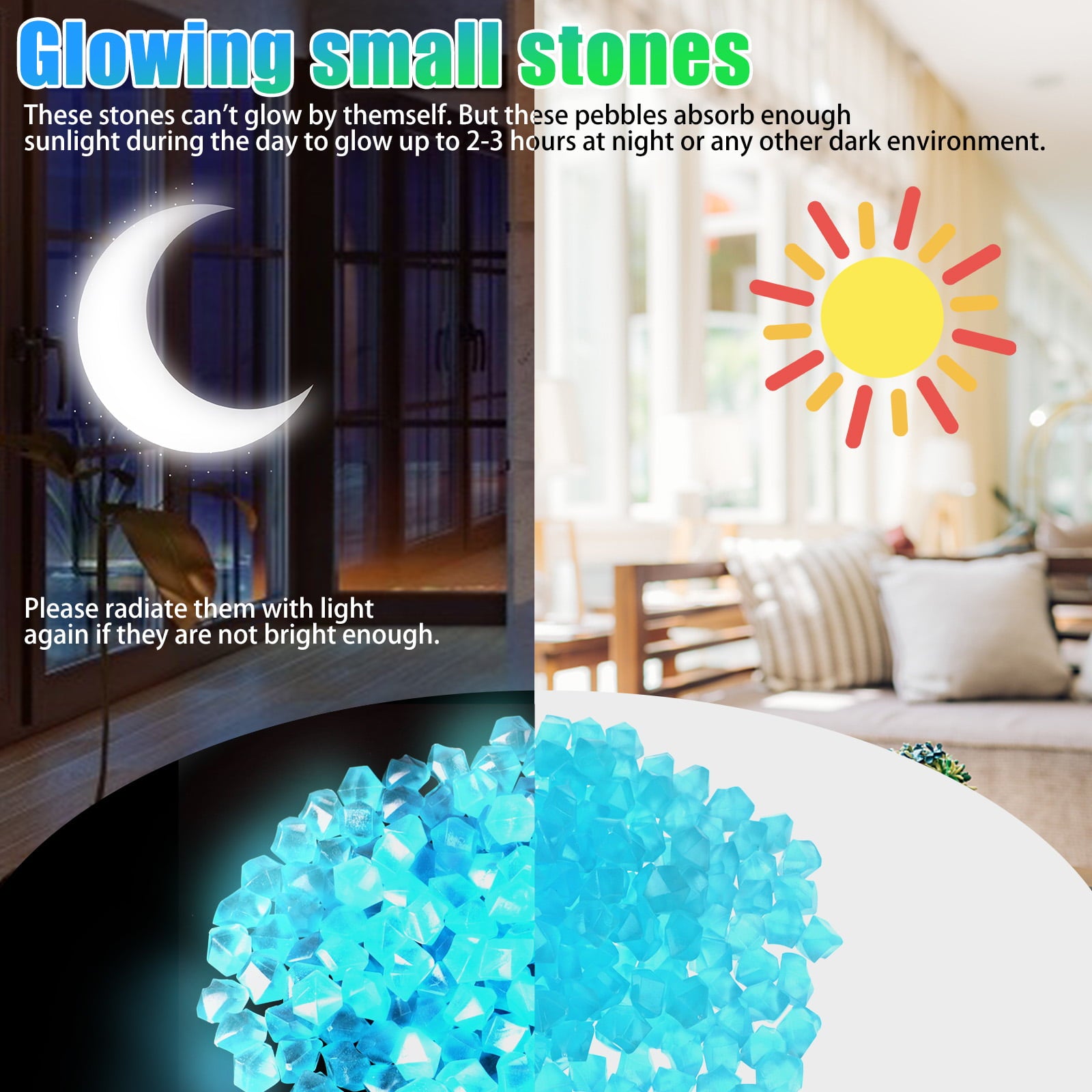 300pcs Glow in The Dark Stones Garden Pebbles Rocks, TSV Glowing Fish Tank Pebbles, Indoor Outdoor Yard Decor Luminous Stone for Aquarium Planter Walkway Driveway Grass Blue