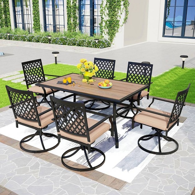 7pc Metal Patio Dining Set With Rectangular Faux Wood Table amp 6 Swivel Chairs Captiva Designs