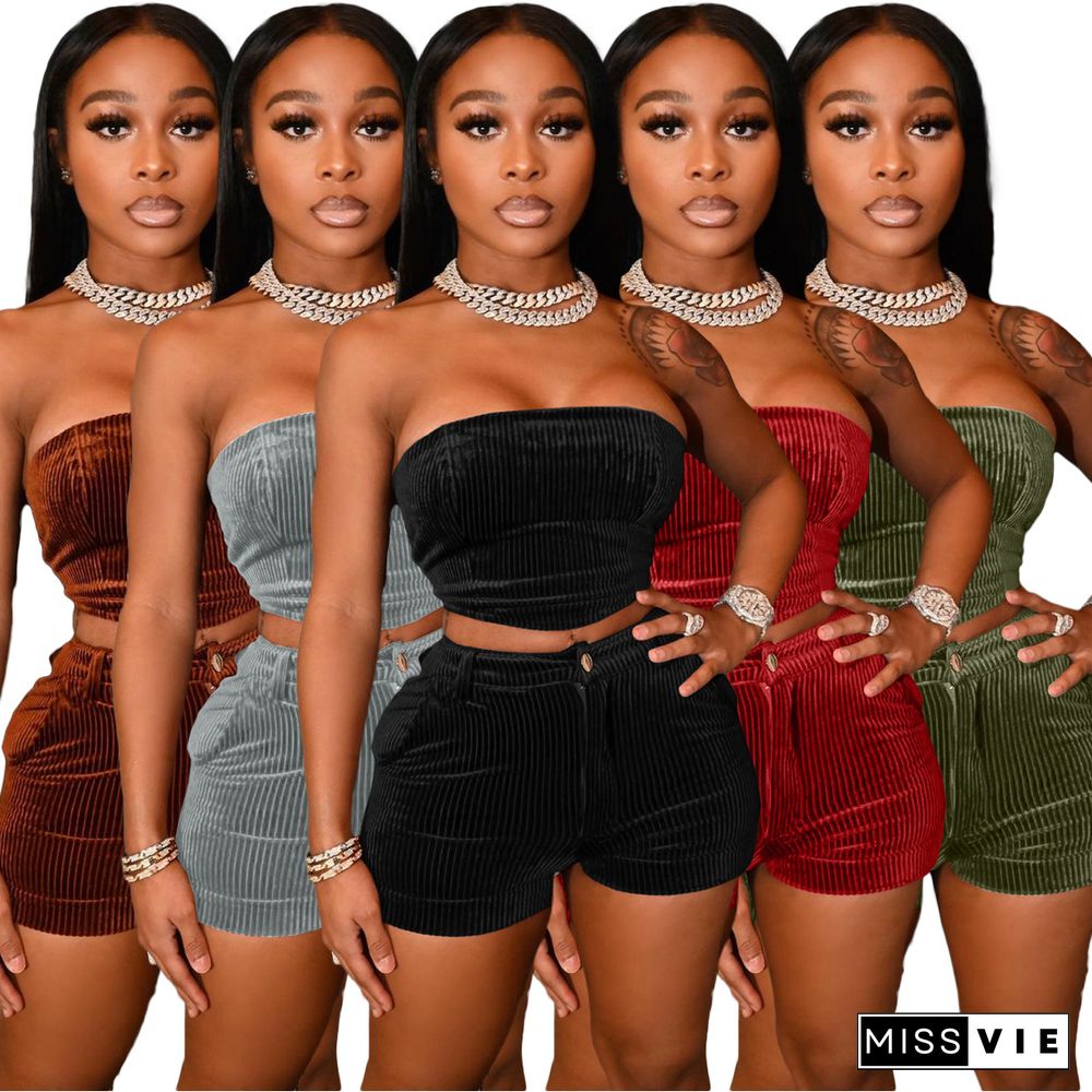 Women Fitness Solid Corduroy Off The Shoulder Strapless Crop Top Skinny Shorts Two Piece Matching Sets