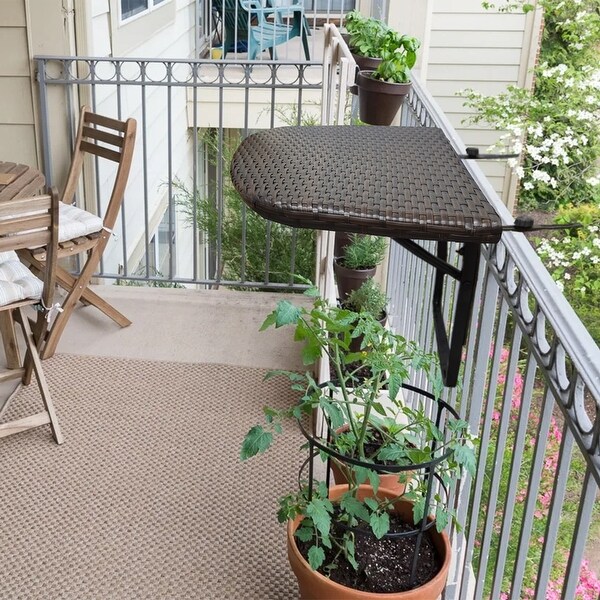 Indoor and Outdoor Foldable Wicker Balcony Table with Metal Frame and Adjustable Clamps