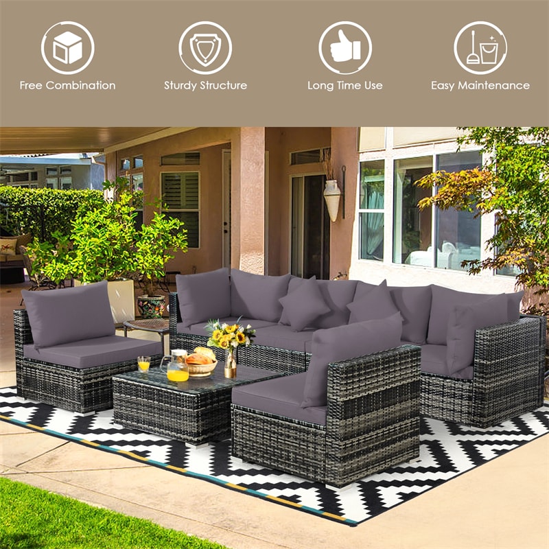 7 Pcs Rattan Patio Sectional Couch Set Outdoor Wicker Furniture Set with Cushions & Coffee Table