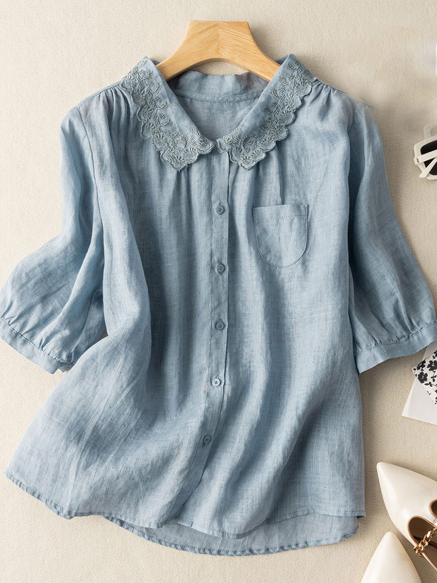 Casual Loose Embroidered Cardigan Mid Sleeve Blouse