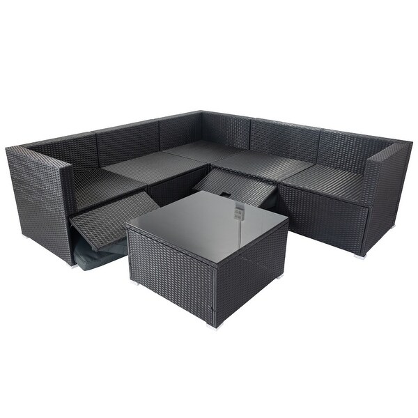 6piece Outdoor Sectional Upholstered Sofa Furniture Set Lshaped Rattan Couch Patio Conversation Set with 3 Storage Under Seat