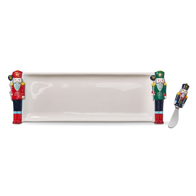 Tagltd Holiday Nutcracker Solid White Rectangle Earthenware Serving Platter With Cheese Spreader 19l X 5 9w In