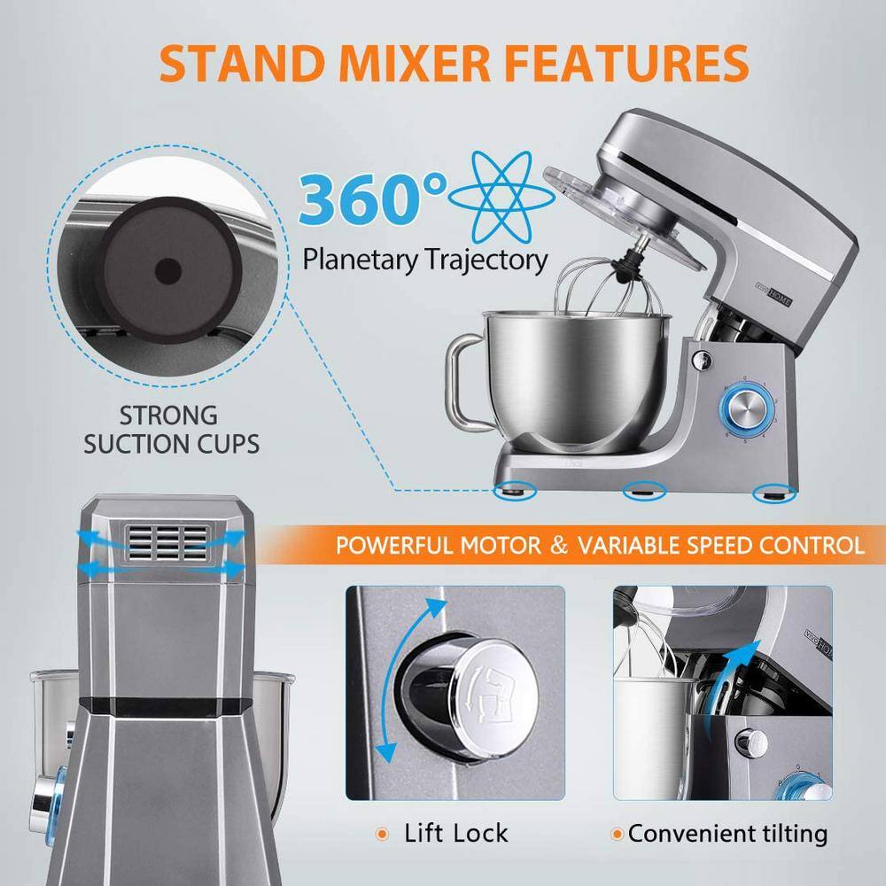 VIVOHOME 7.5 qt. 6-Speed Silver Tilt-Head Electric Stand Mixer with Accessories and ETL Listed X002E5HETF