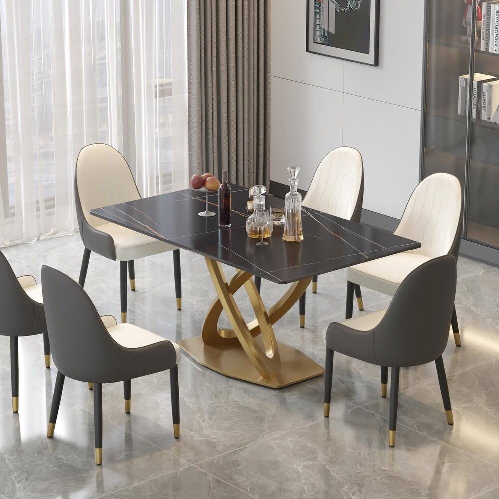 Modern Sintered Stone Dining Table Minimalist Artificial Marble Rectangular Table Top + Gold X cross Shaped Base