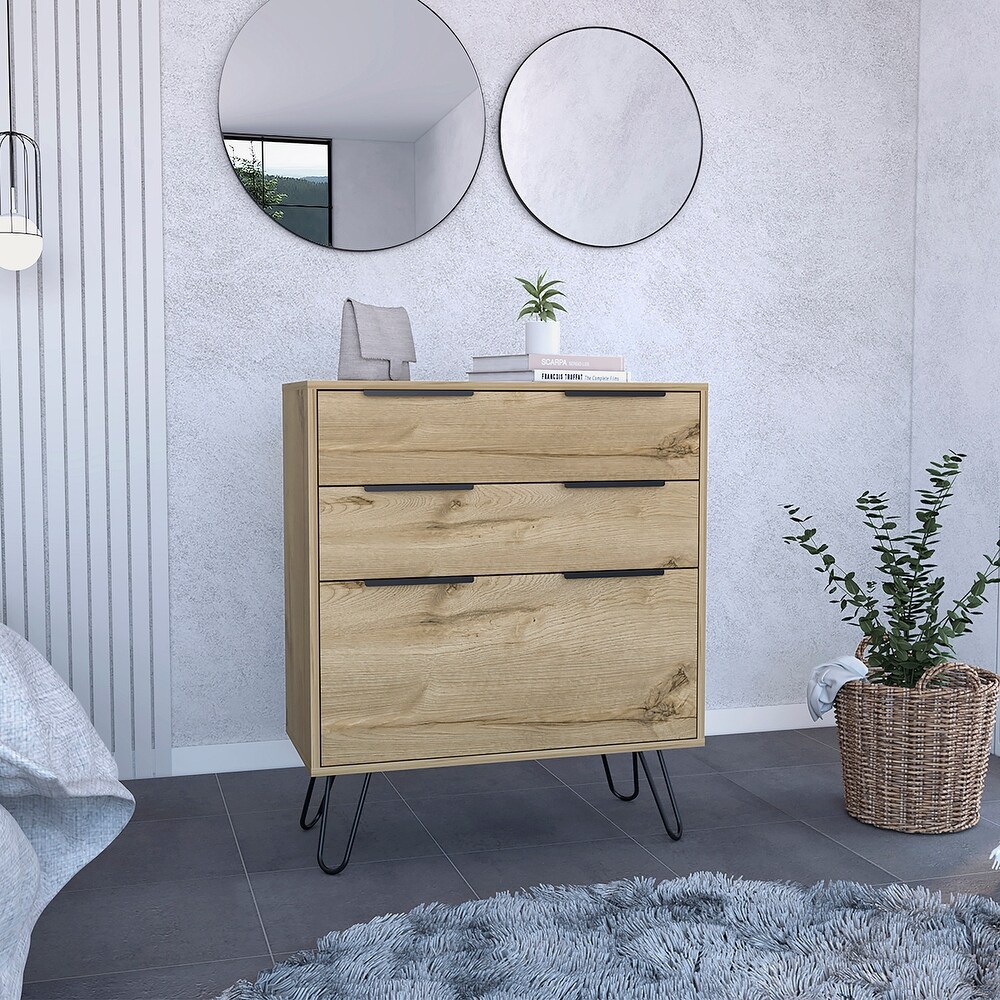 Wooden Dresser with Hairpin Legs Superior Top and Three Drawers