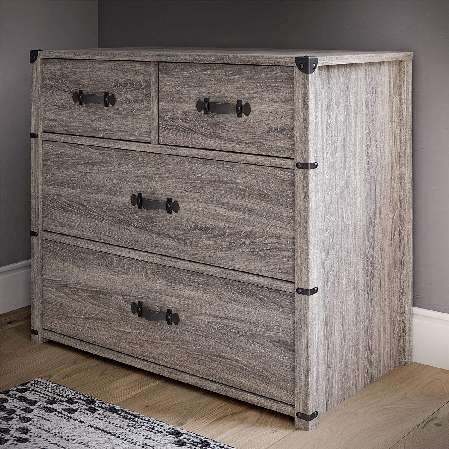 GUVSOETS Nova 4 Drawer Storage Grey Dresser, Gray Oak