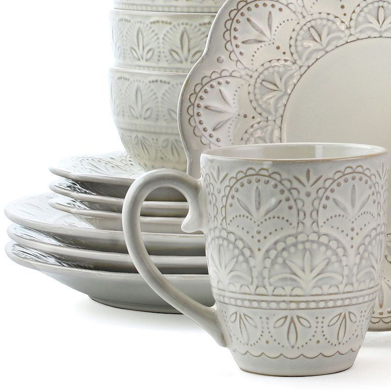 Elama White Lace 16 Piece Luxurious Stoneware Dinnerware with Complete Setting for 4