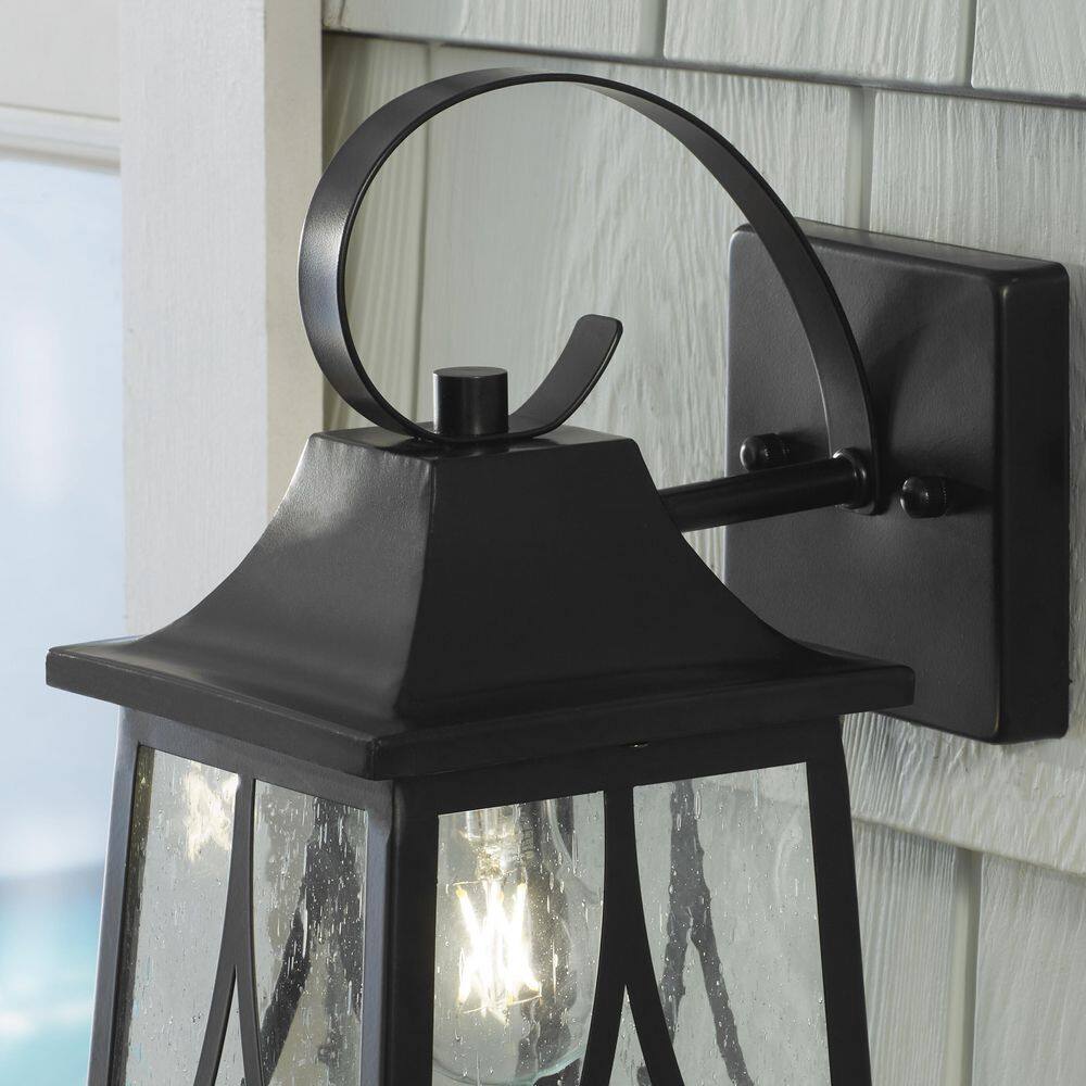 Hampton Bay Drackert 1-Light Flat Black Hardwired Outdoor Wall Lantern Sconce with Seedy Glass 28235