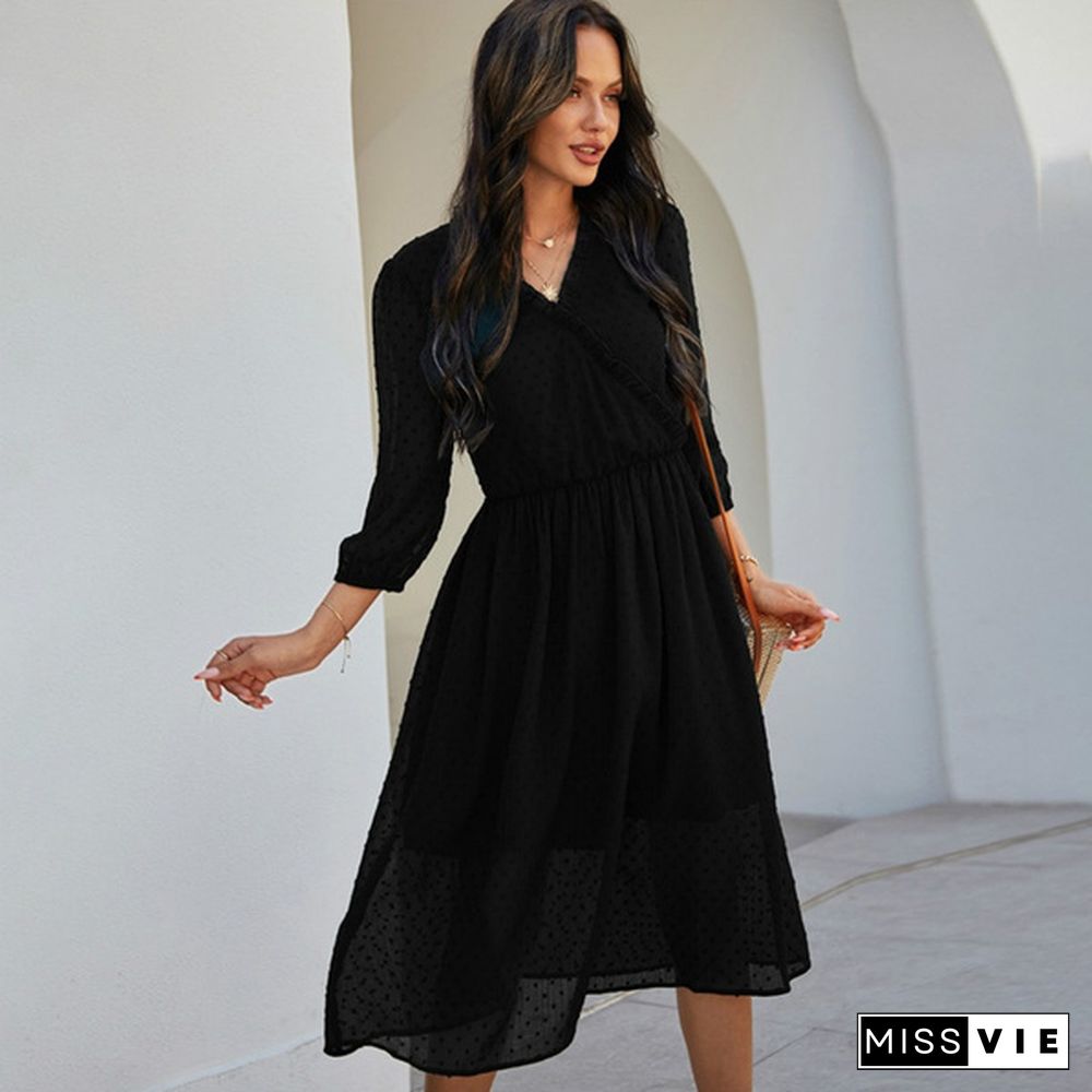 Spring and Summer Women Fashion Chiffon Dress V-neck Middle Sleeve Slim Waist Dress Long Skirt (5 Colors)