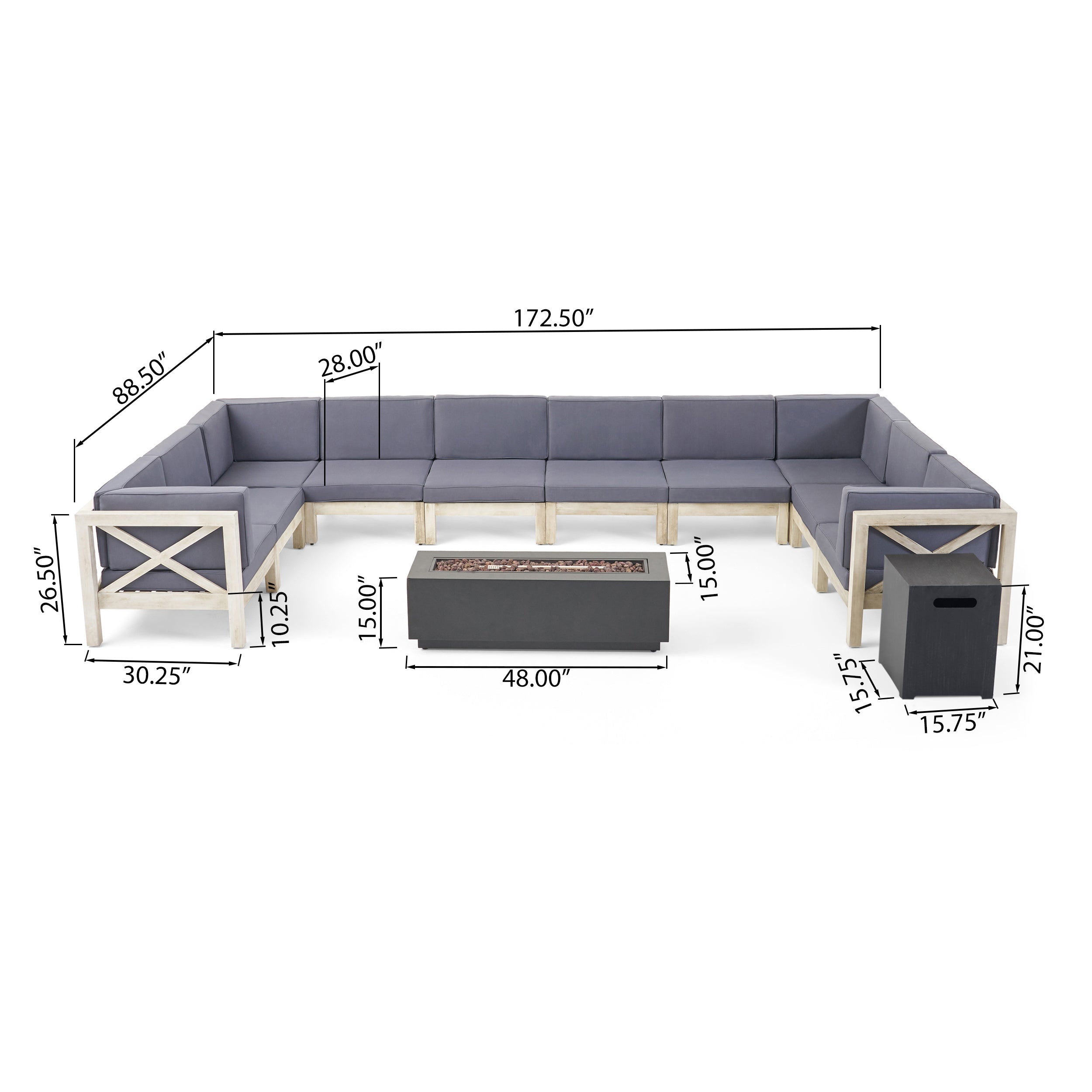 Lorelei Outdoor Acacia Wood 10 Seater U-Shaped Sectional Sofa Set with Fire Pit