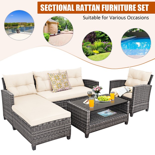 Costway 4pcs Patio Rattan Furniture Set Sofa Ottoman Cushion Garden Deck White gray