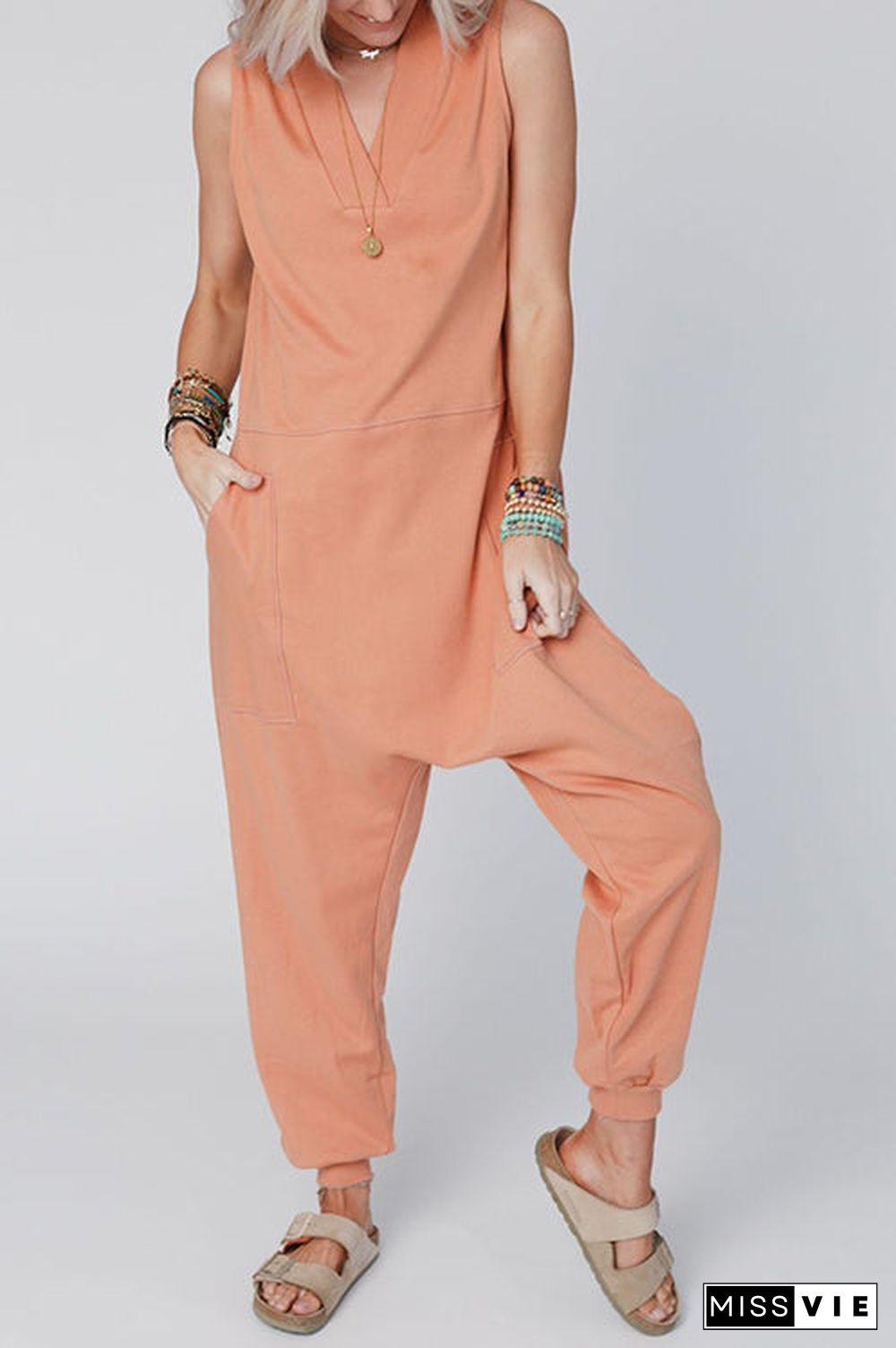 V Neck Solid Sleeveless Pocket Jumpsuit