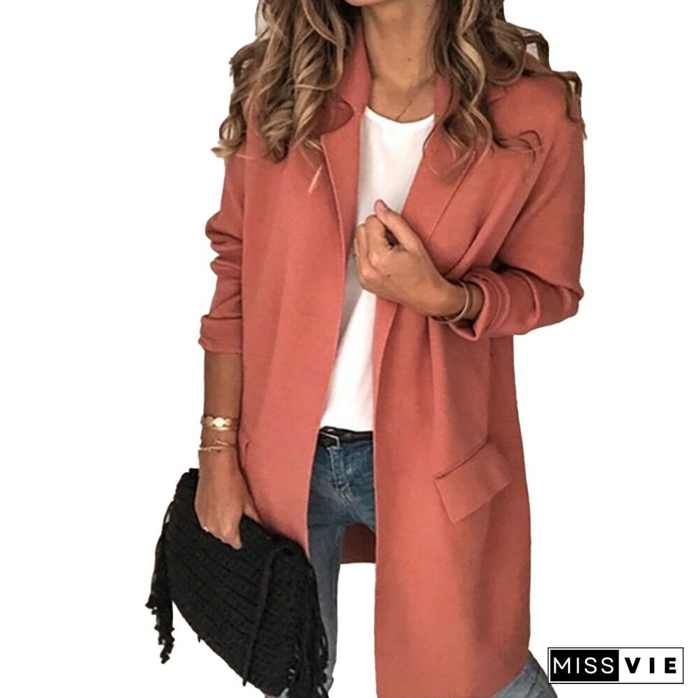 Women Eleagnt Office Lady Blazer Casual Fake Pocket Long Sleeve Long Coat Turn-down Collar Suit Vintage Fashion Winter Jacket