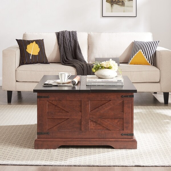 Farmhouse Coffee Table，Square Wood Center Table with Large Hidden Storage Compartment and Hinged Lift Top for Living Room