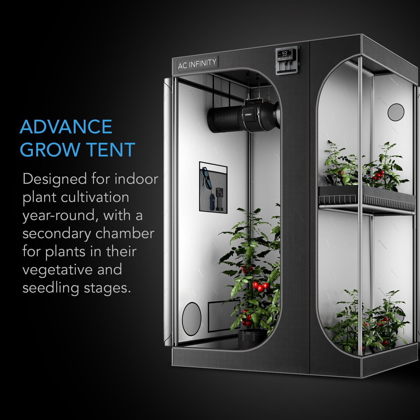 AC Infinity CLOUDLAB 743D 2-in-1 Advance Grow Tent， with Thicker 1 in. Poles， Higher Density 2000D Diamond Mylar Canvas， Controller Mount for Hydroponics Indoor Growing， 48” x 36” x 72”