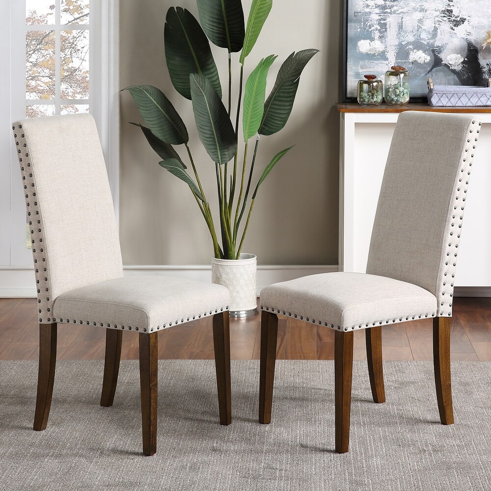 Linen Upholstered Seat Set of 2 Dining Chairs Fabric High back Chairs with Copper Nails   Wooden Legs Perfect for Restaurant