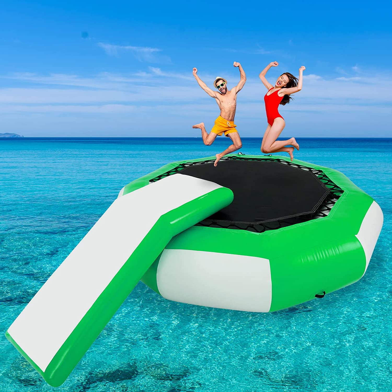 VEVORbrand Inflatable Water Trampoline 10ft ， Round Inflatable Water Bouncer with Yellow Slide and 4-Step Ladder， Water Trampoline in Green and White for Water Sports