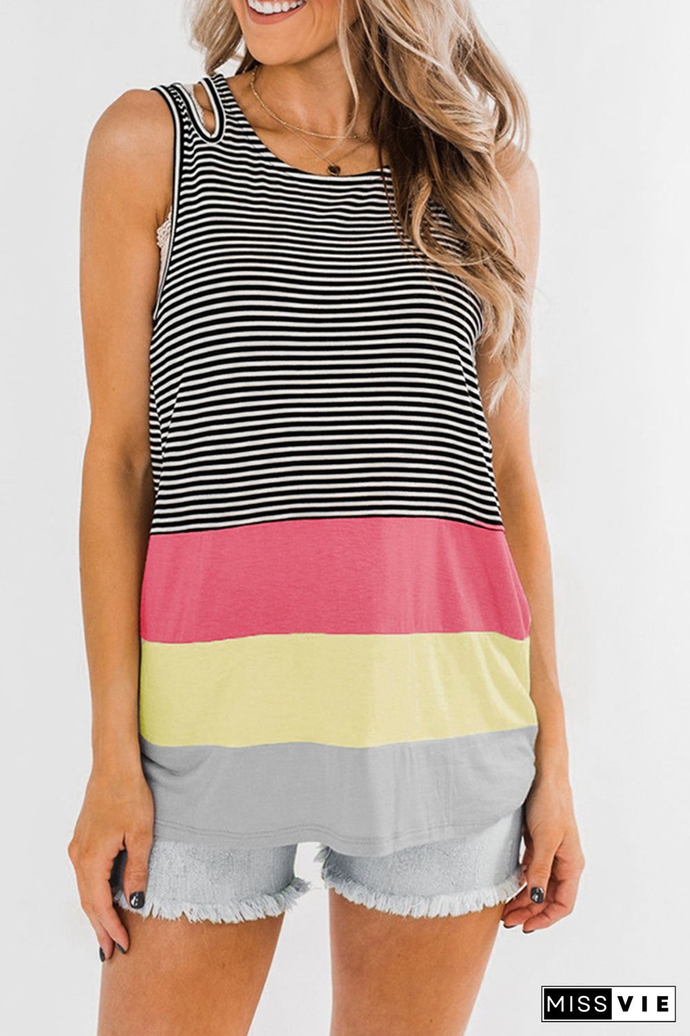 Stripe Contrast Color Hole Sleeveless Tank Top Wholesale