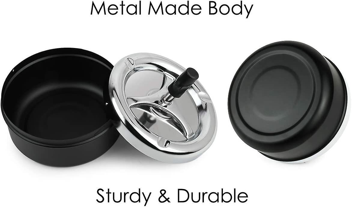 Round Push Down Ashtray With Spinning Tray Metal Cigarette Ash Tray Large 5.2 Inches Home Ashtray For Outside Patio - Black