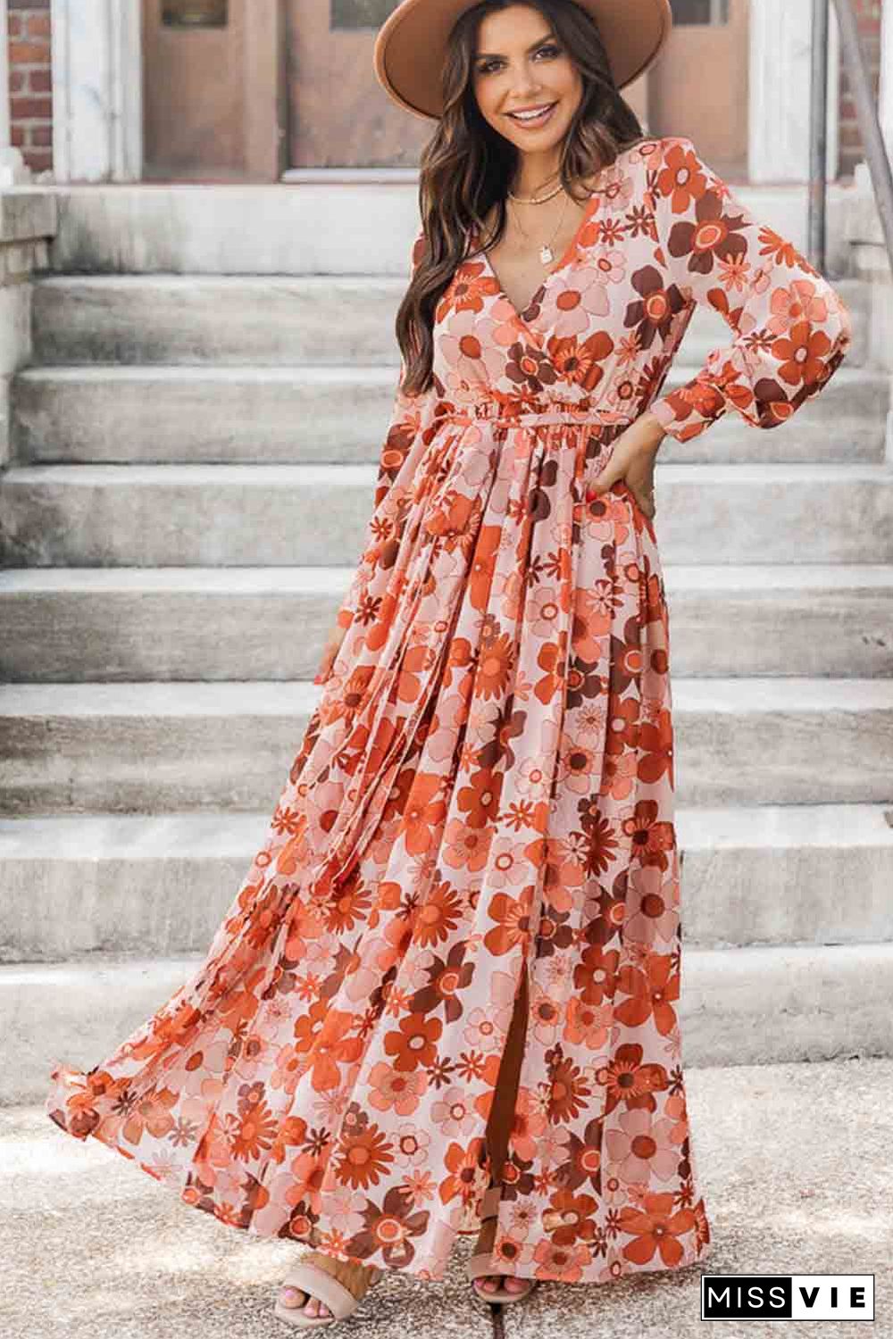 Orange Floral V-Neck Long Sleeve Belted Maxi Dress