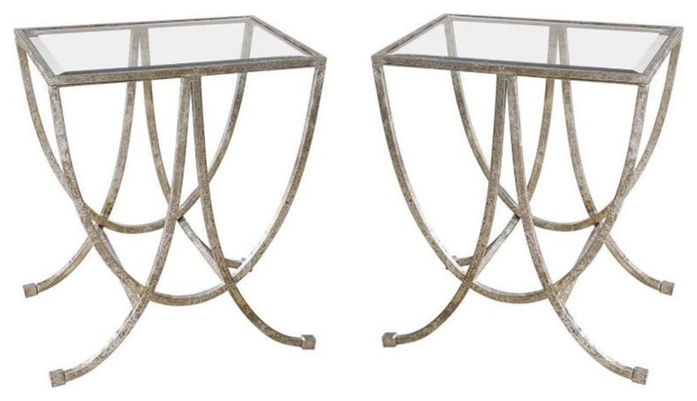 Home Square Iron  ampTempered Glass Side Table in Antiqued Silver   Set of 2   Contemporary   Side Tables And End Tables   by Homesquare  Houzz