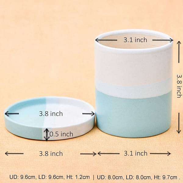 3.1 inch (8 cm) CP044 Cylindrical Ceramic Pot with Plate (White, Cyan Blue) (set of 2)