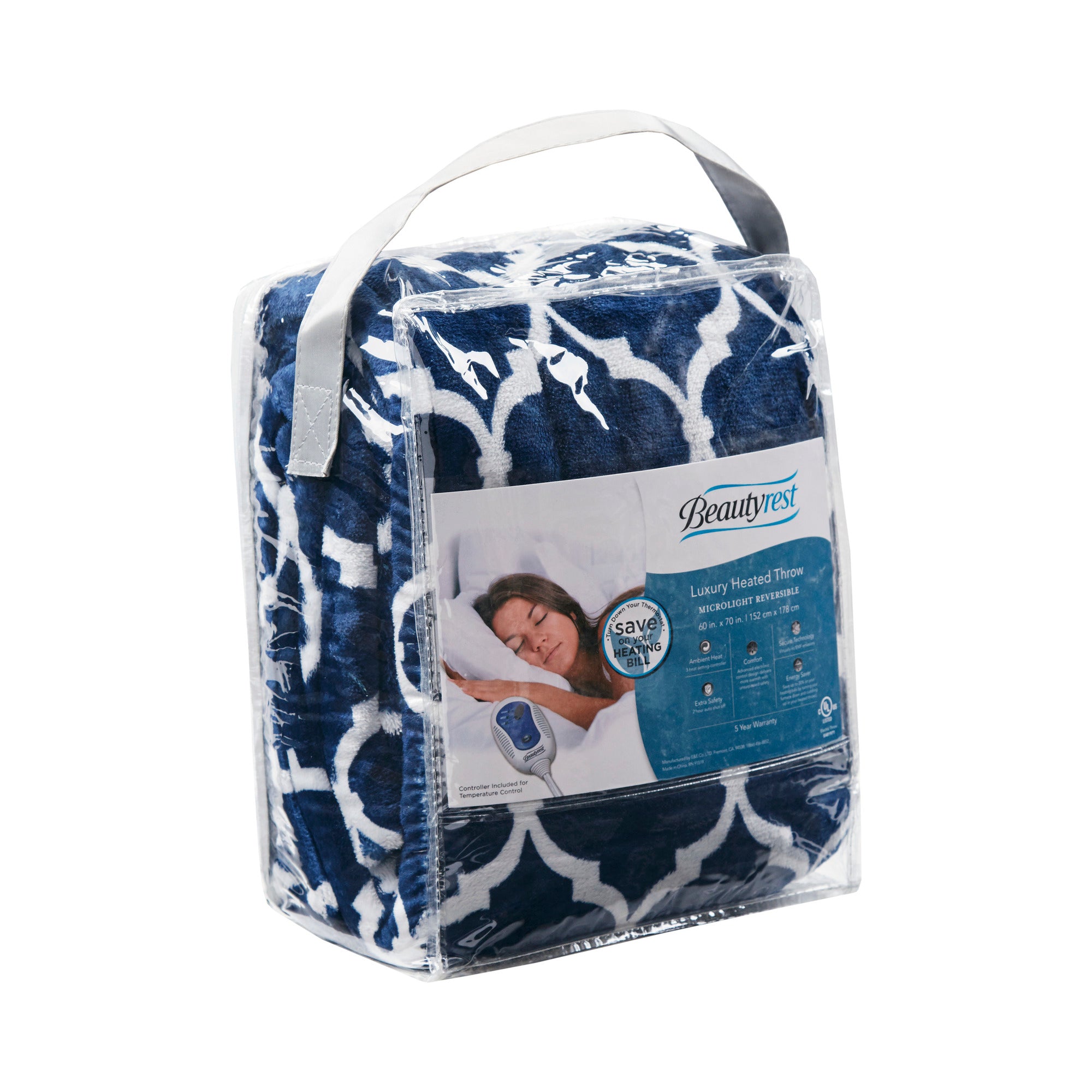 Beautyrest Heated Ogee Oversized 60x70 Electric Throw Blanket， Indigo， 2 HR Auto Shutoff