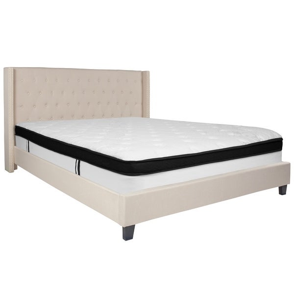 Set of 2 Beige and Black Tufted King Size Platform Bed with Memory Foam Mattress 85.25