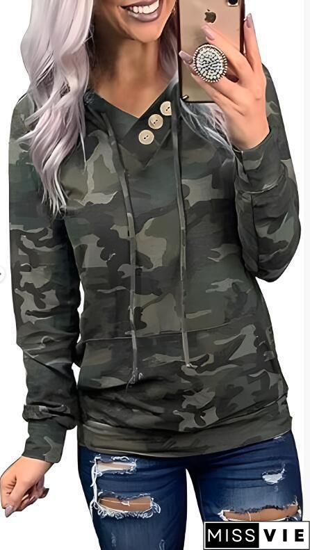 Camo Splice Drawstring Hoodied Sweatshirt