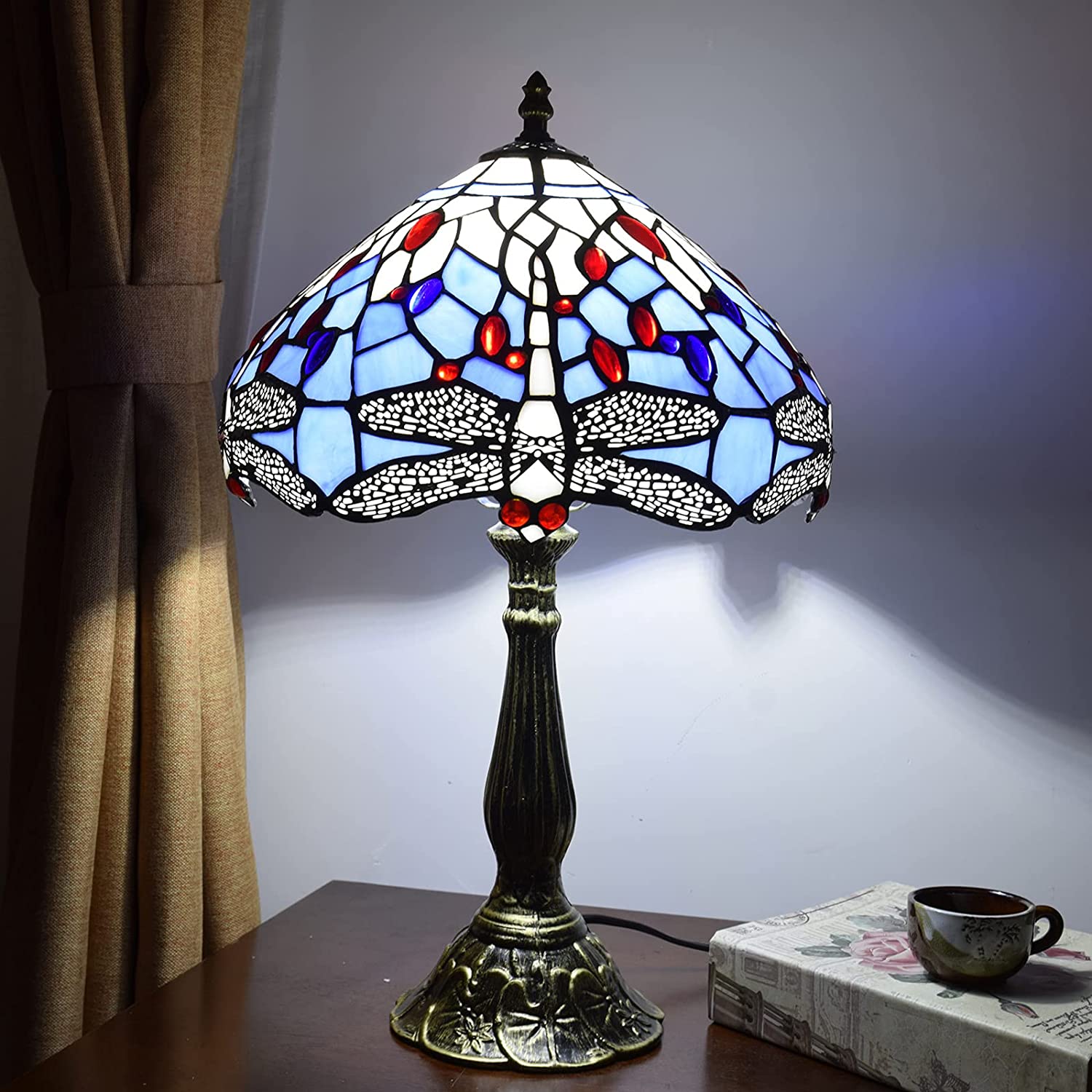 SHADY Tiffany Lamp Stained Glass Lamp Dragonfly Blue Bedroom Table Lamp Reading Desk Light for Bedside Living Room Office Dormitory Dining Room Decorate  12x12x18 Include Light Bulb