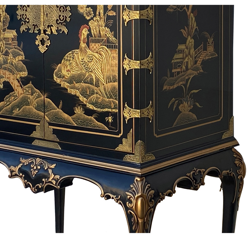 Vintage Chinoiserie Black And Gold Graphic Claw Legs Cabinet Hcs7263   Asian   Accent Chests And Cabinets   by Golden Lotus Antiques  Houzz