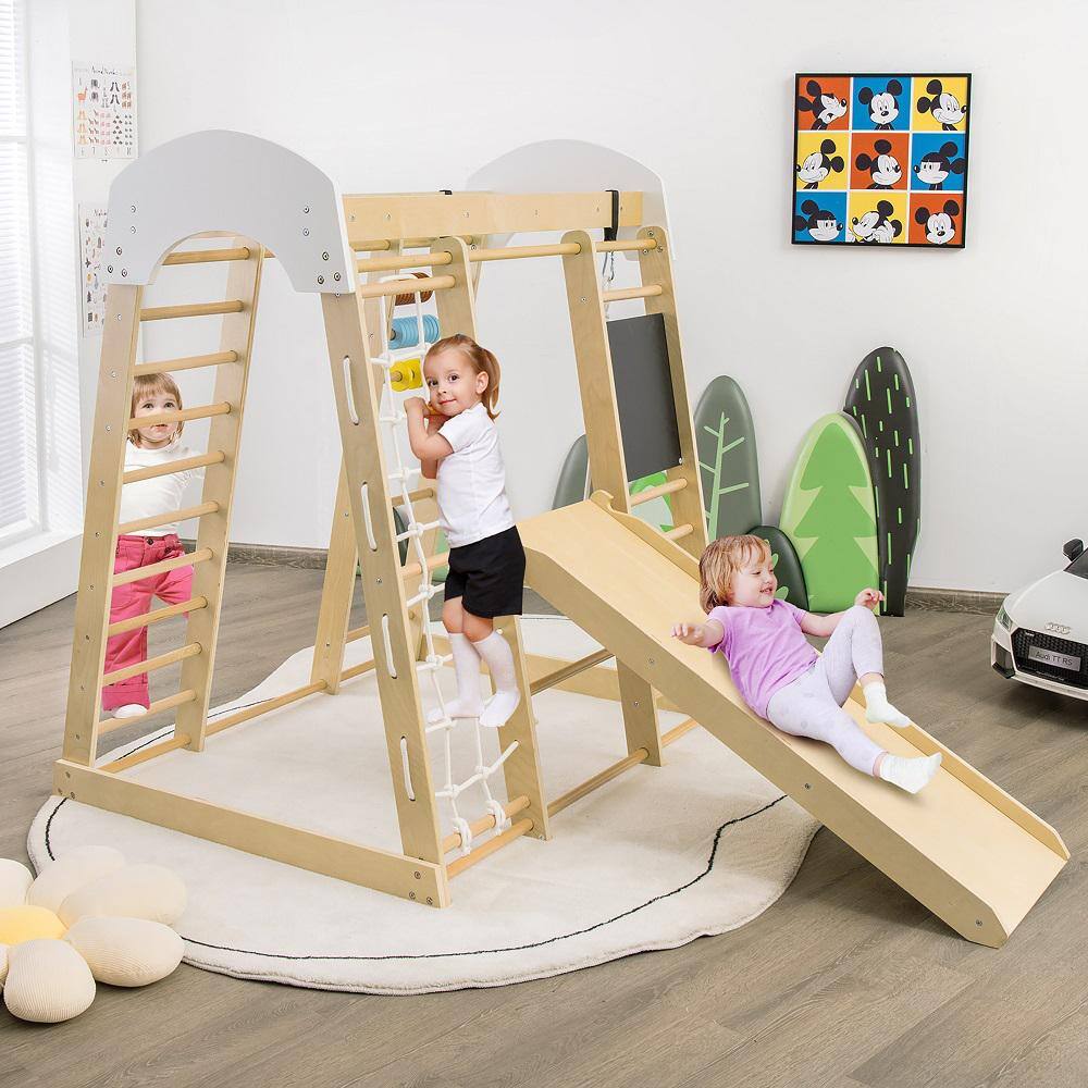 Costway Natural Indoor Playground Climbing Gym Kids Wooden 8-in-1 Climber Playset for Children TY328218NA+