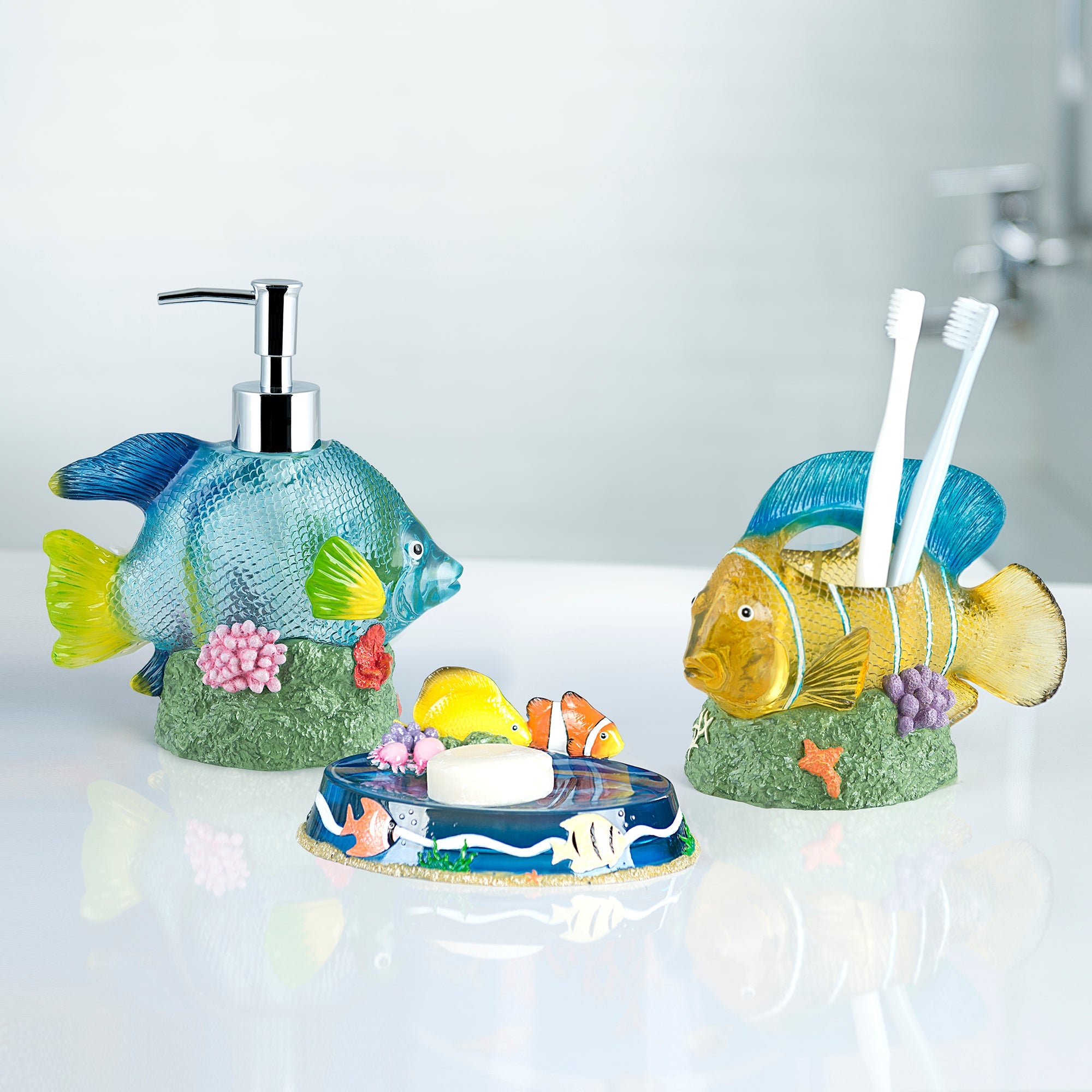 Under The Sea Fish 3-Piece Lotion Dispenser/Toothbrush Holder/Soap Dish Set