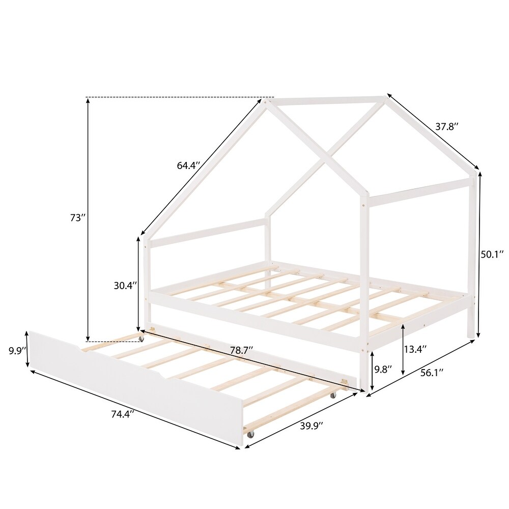 Full Size Wooden House Bed Simple Daybed Frame with Twin Size Trundle Suitable for DIY Decor Ribbons or Lanterns on Eaves