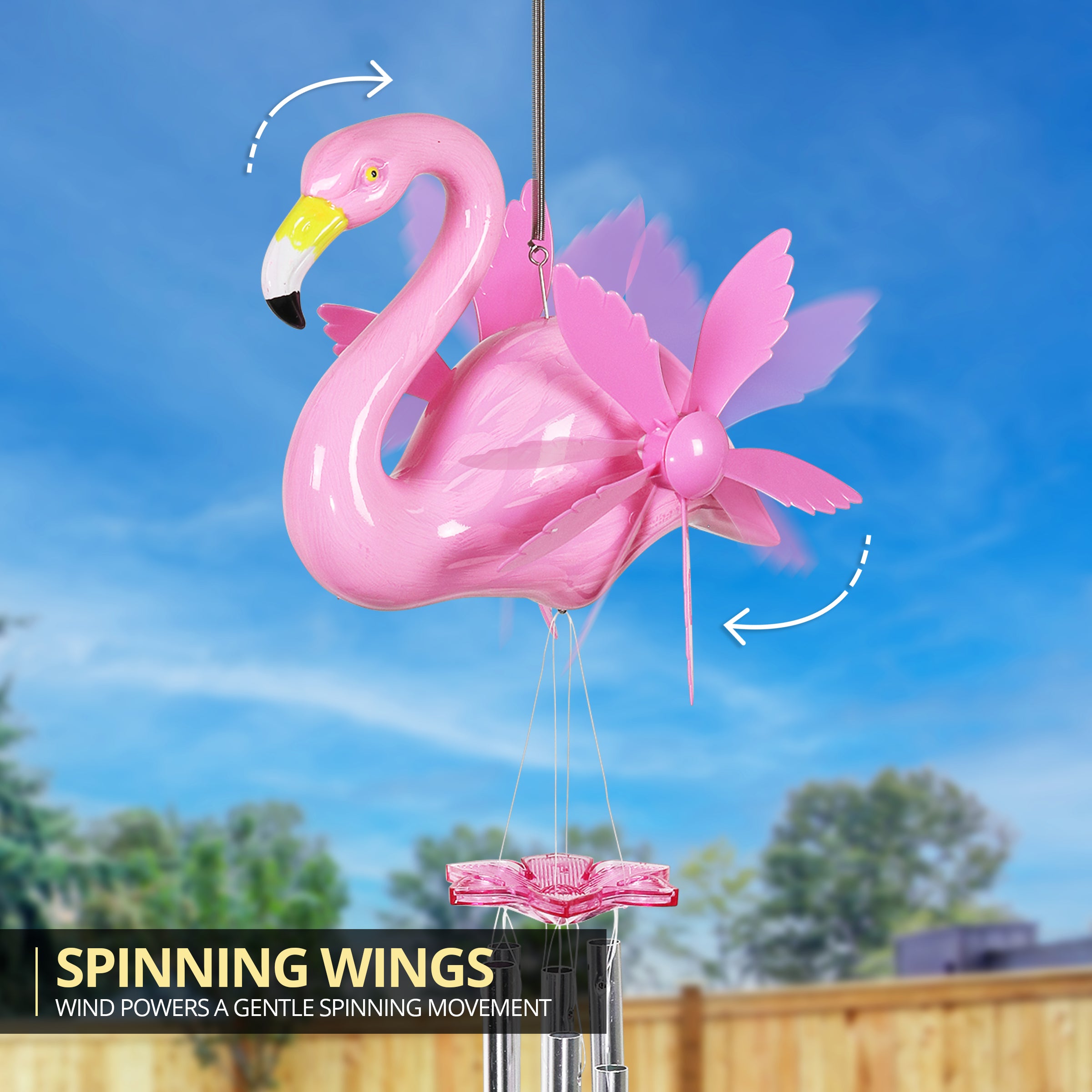 Exhart Large WindyWings Whirligig Pink Flamingo Spinning Wind Chime ， 11 by 24 inch， Plastic for Home décor， Patio， Outdoor Indoor Gardening Yard Pathway Decoration