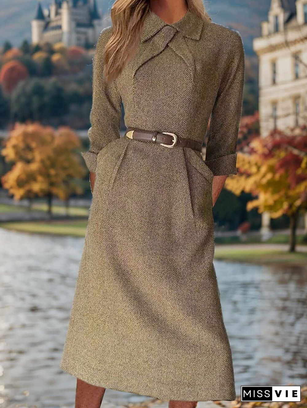 Taupe 3/4 Sleeve Midi Dress