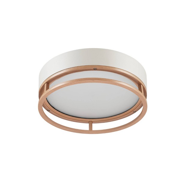 18 5w Led Integrated Matte White Outdoor Indoor Flush Mount Ceiling Light With Faux Wood Accent Globe Electric