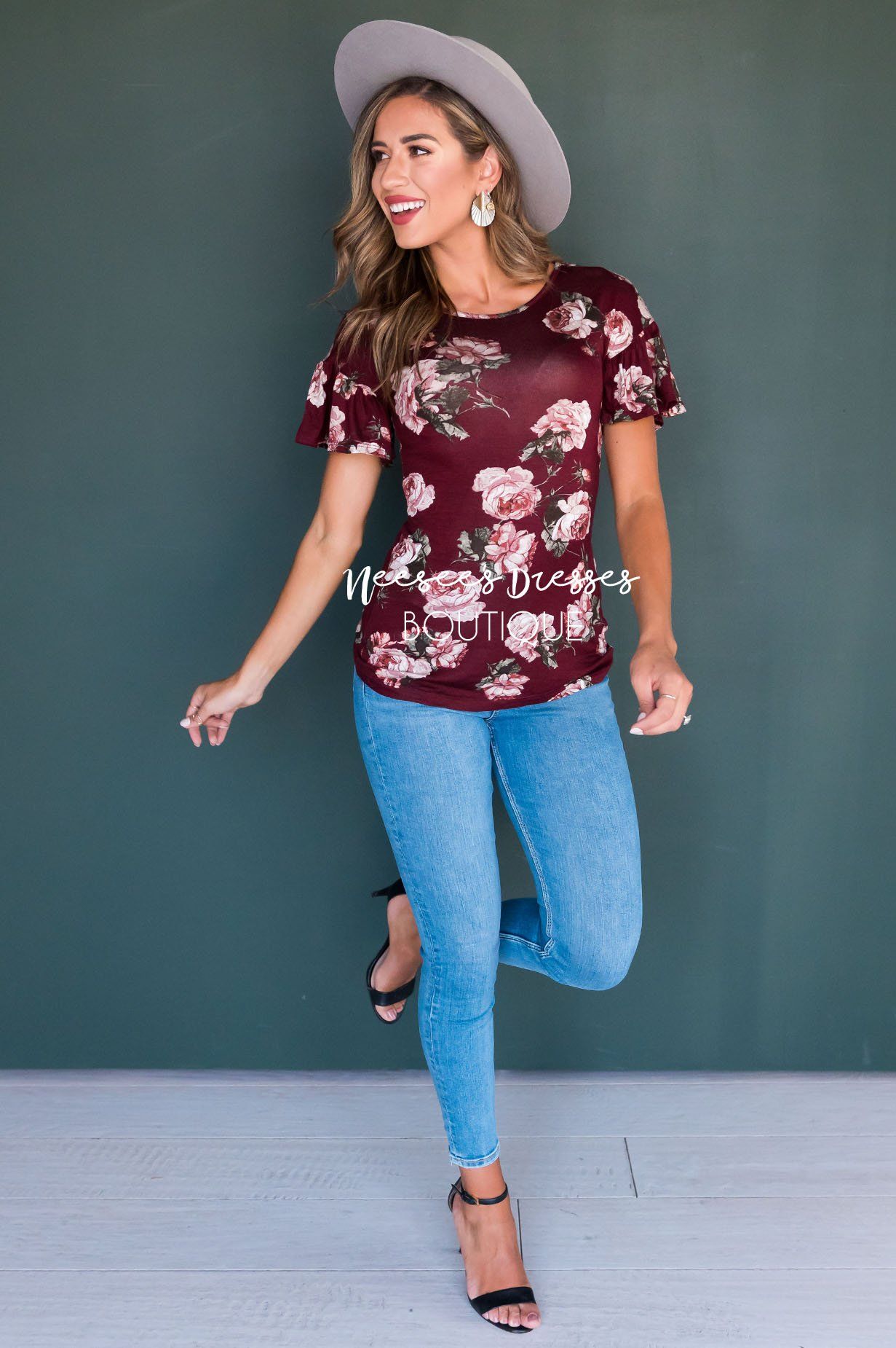 Burgundy Floral Modest Ruffle Sleeve Top