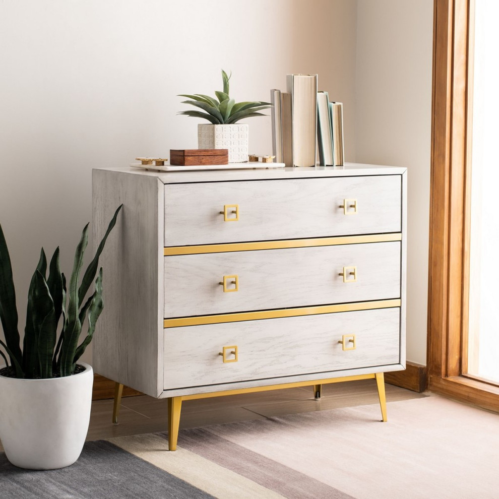 Gina 3 Drawer Chest Whitewash/Gold   Midcentury   Accent Chests And Cabinets   by V.S.D Furniture  Houzz