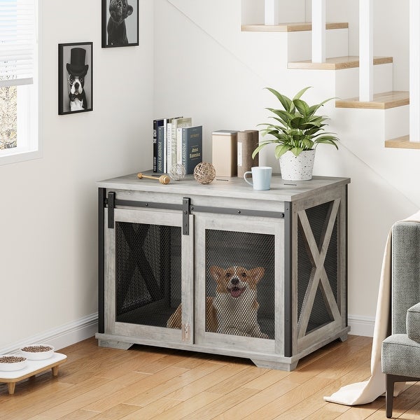 37'' Sliding Barn Door Dog Crate Furniture with Flip Top and Movable Divider， Wooden Dog Crate Table