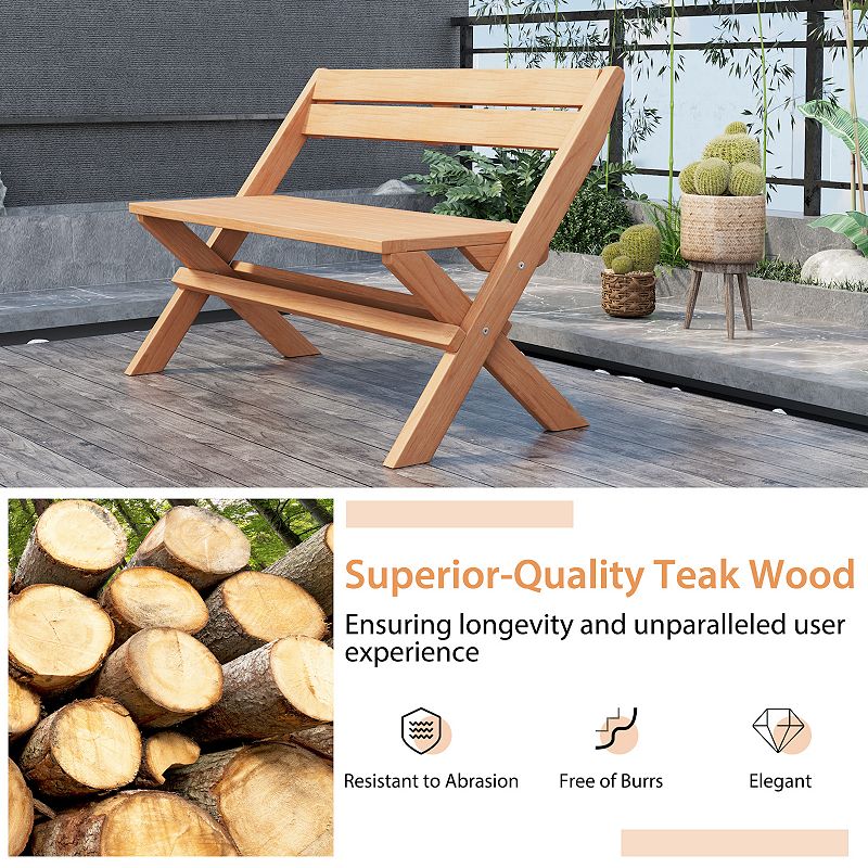 2-person Teak Wood Folding Outdoor Benches With Slatted Seat