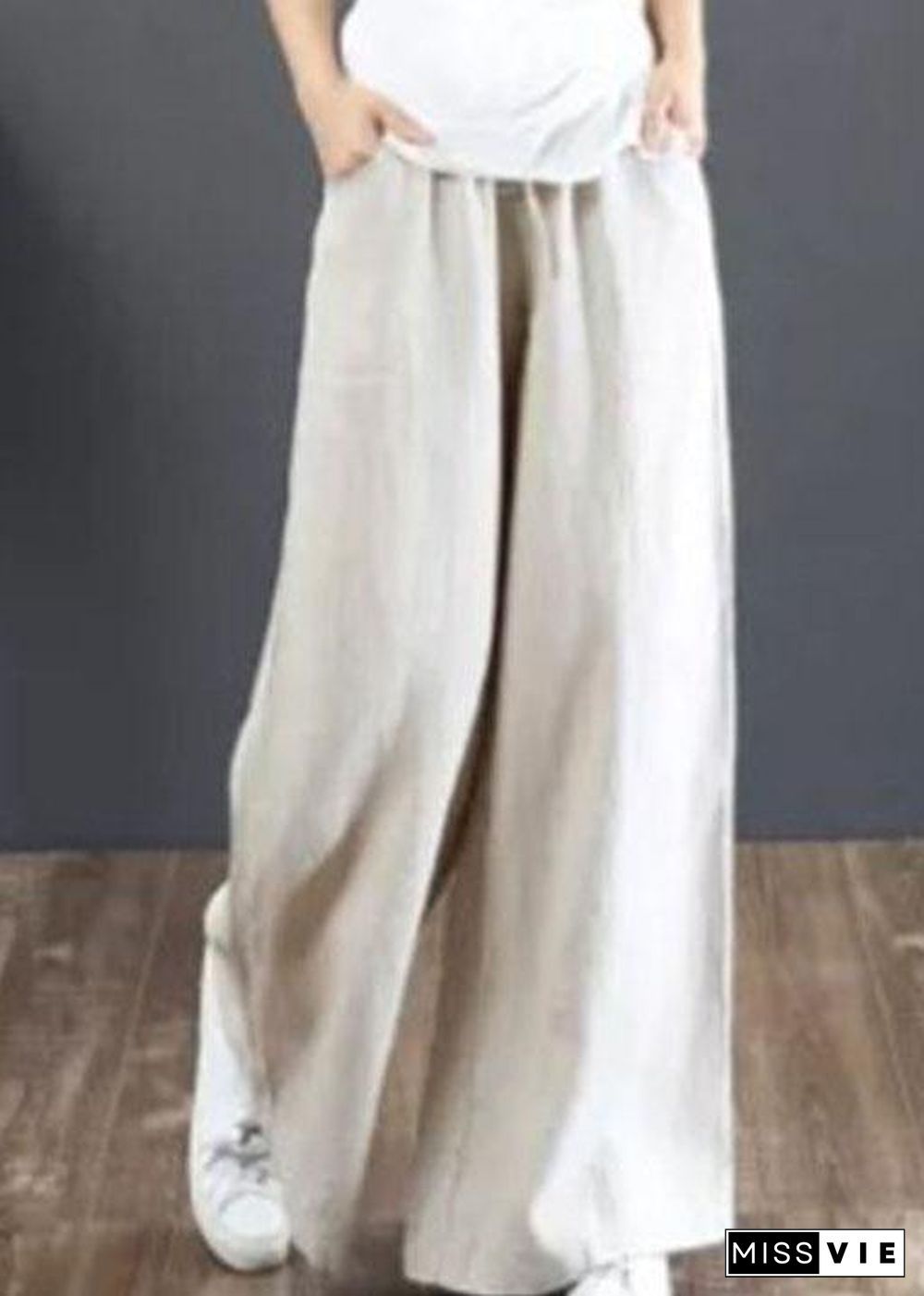 Women Solid Color Elastic Waist Drawstring Wide Leg Pants With Pocket