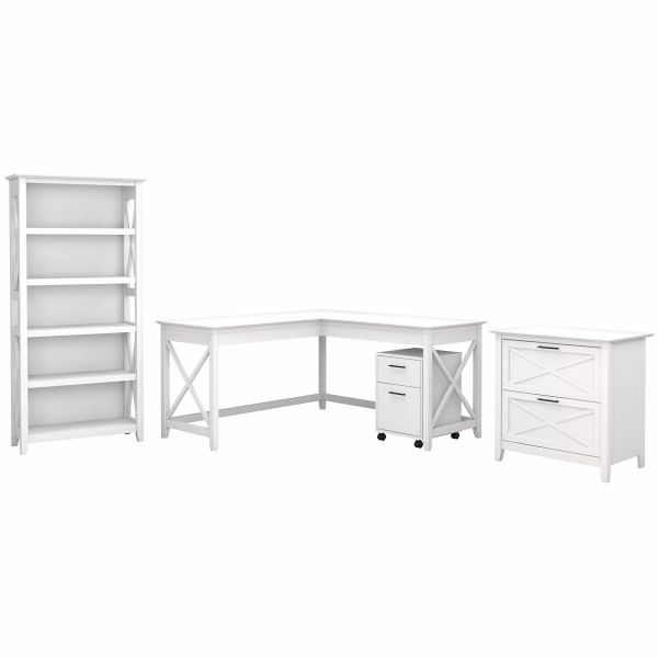 Bush Furniture Key West 60W L Shaped Desk with File Cabinets and 5 Shelf Bookcase in Pure White Oak