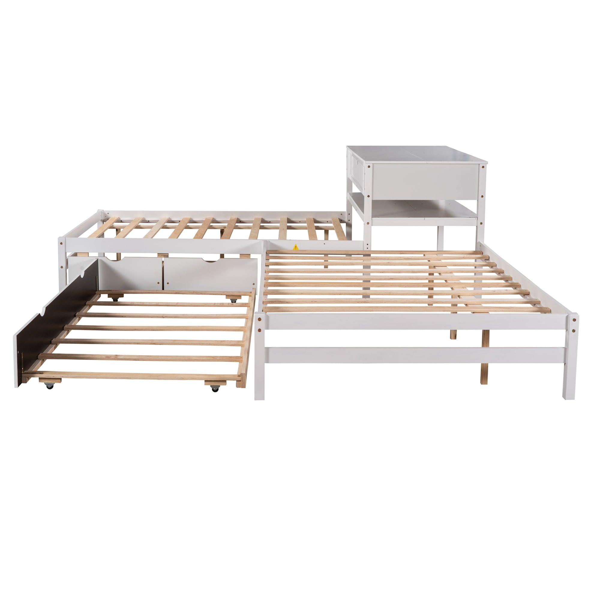 Full L-Shaped Platform Beds with Trundle, Drawers and Table for Kids Bedroom, White