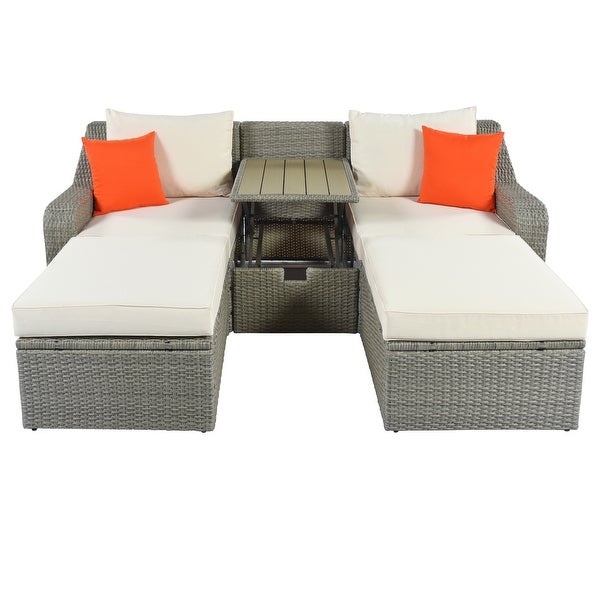 3 Piece Patio Sofa Lounger With Ottoman， Built In Table， White and Gray - Overstock - 36969564